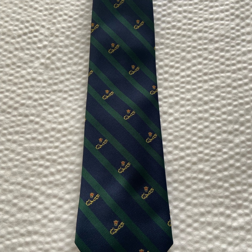 English Sports Shop Bermuda Mens Tie Navy w/ Green & Yellow Striped Bermuda Logo